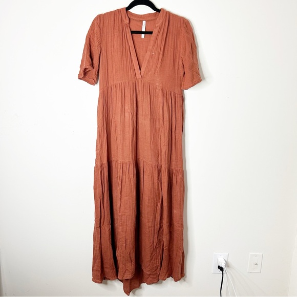 Anthropologie Kallie Flowy Maxi Dress Brown Crinkled Cotton Gauze Empire Waist - Picture 4 of 16